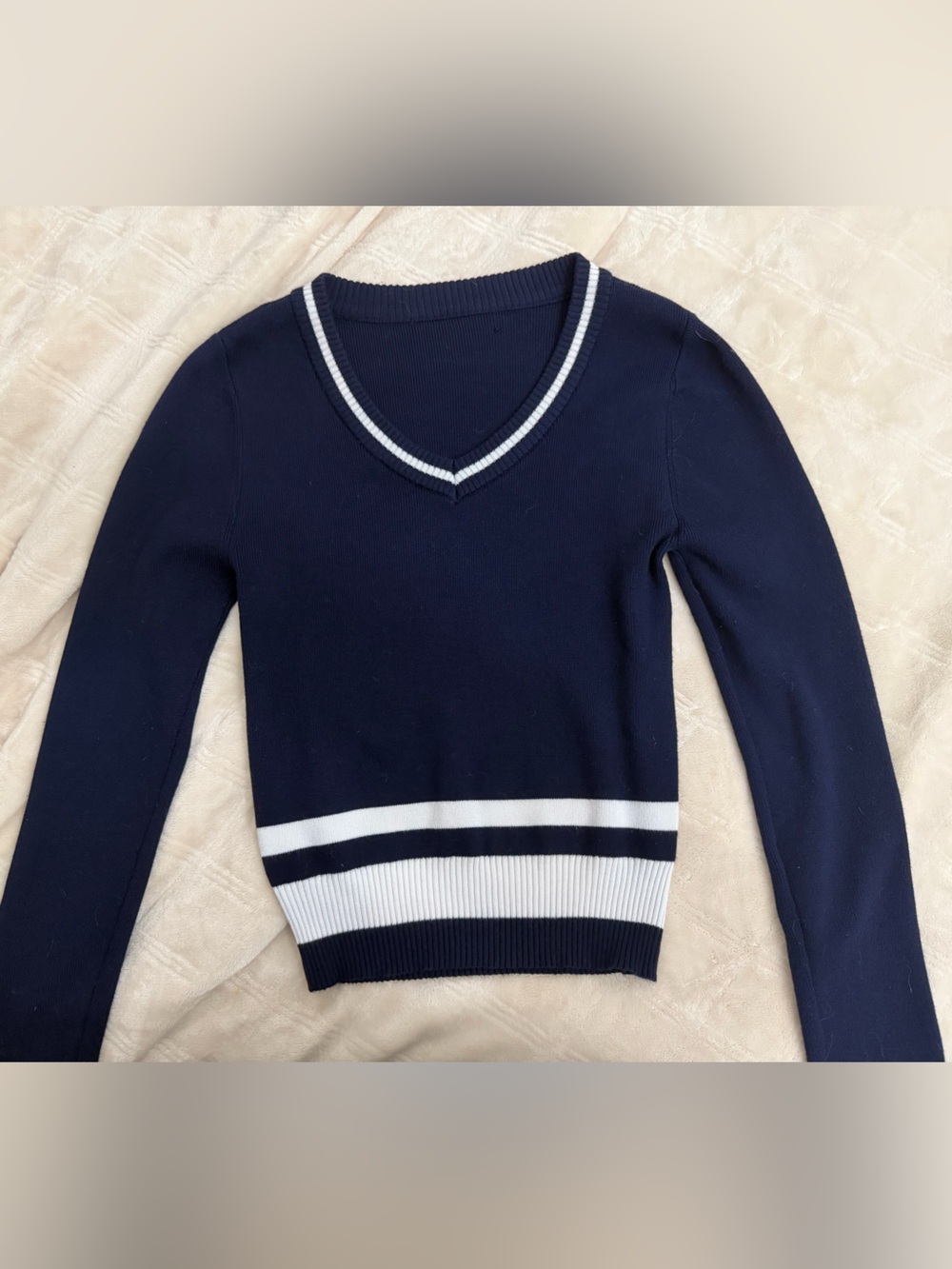Women’s Cropped Navy V-Neck Sweater with White Stripe Trim